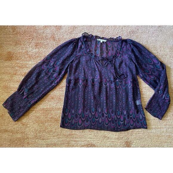Nanette Lepore Purple Sheer Silk Blouse Size 2 Ruffle Boho Retro Print USA - Picture 1 of 8